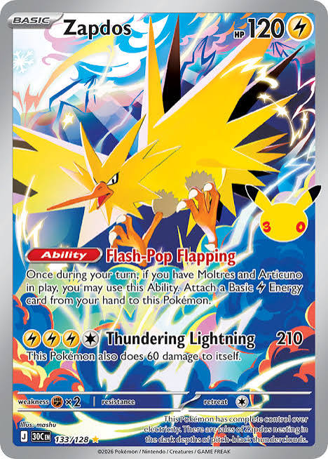 Pokemon TCG Zapdos 133/128 30th Celebration