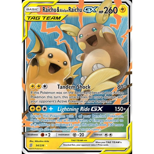Pokemon TCG Raichu & Alolan Raichu GX 54/236 Tag Team