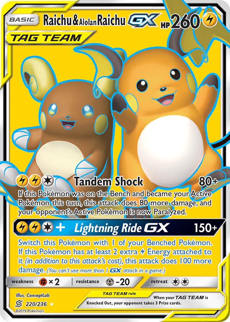 Pokemon TCG Raichu & Alolan Raichu GX 220/236 Unified Minds